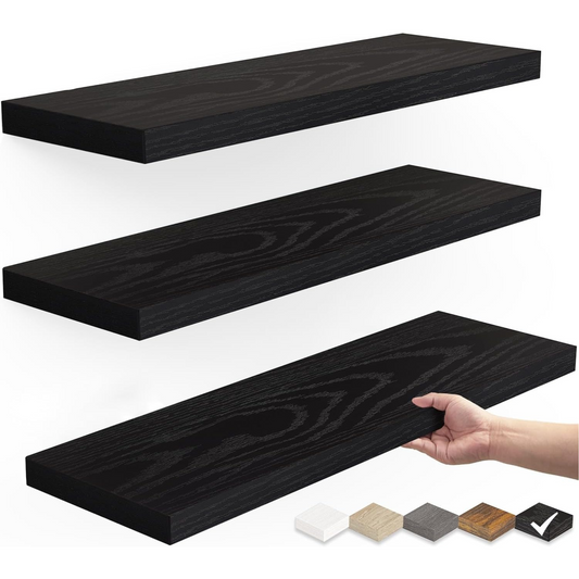 Set of 3 Rustic Floating Wall Shelves, 15.7in, Black – 22lbs Capacity
